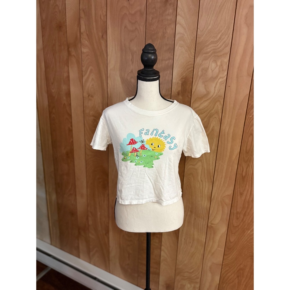 Motel Rocks Fantasy Graphic Crop Top White Mushroom Sun Cotton Tee Womens M
